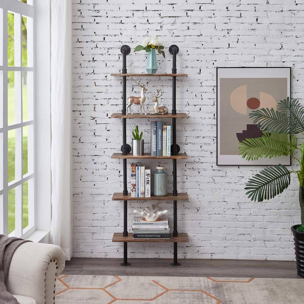 5-Shelf Rustic Industrial Bookshelf Ladder Shelf P2547