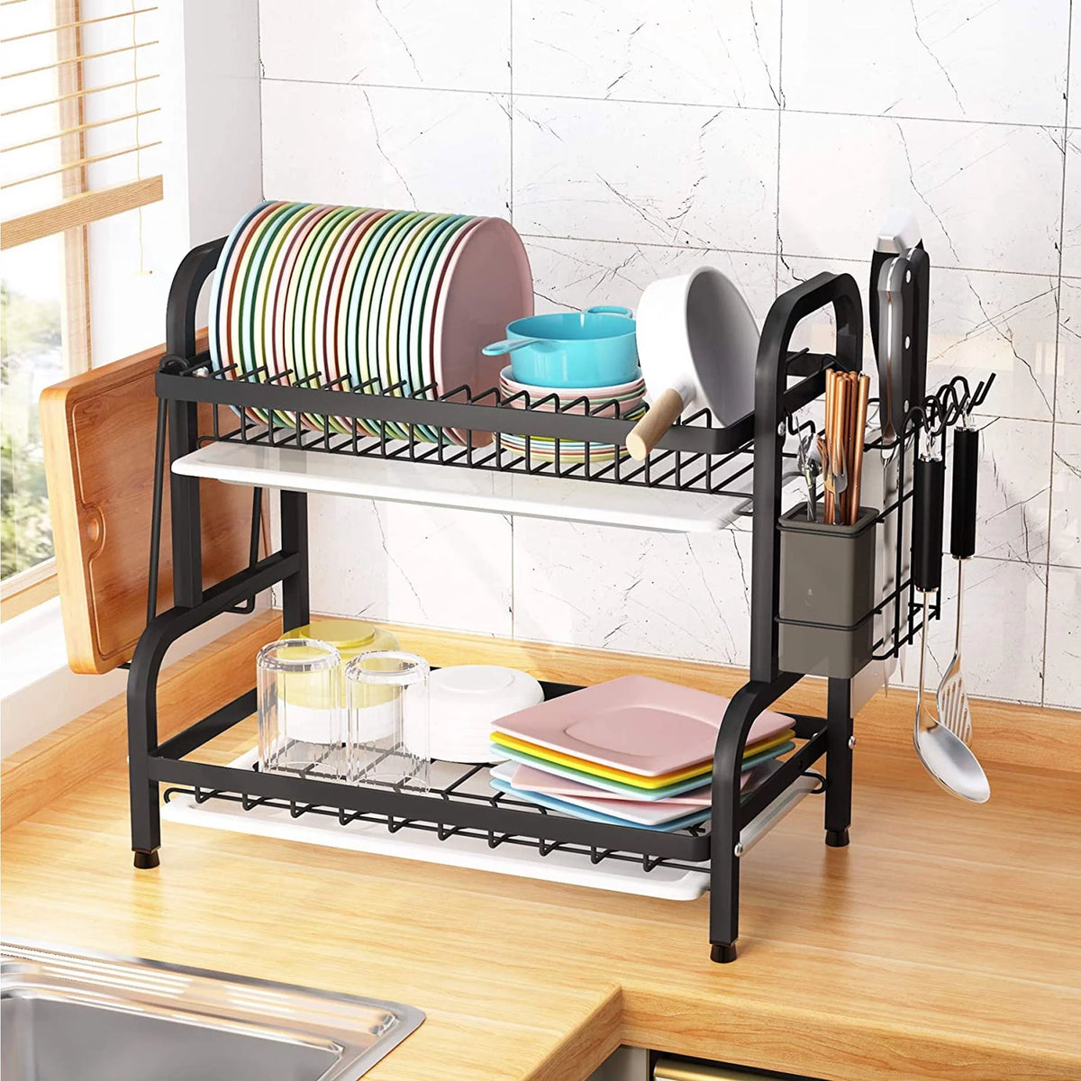 Adjustable 2-Tier Dish Drying Rack with Cutting Board Holder Z886698