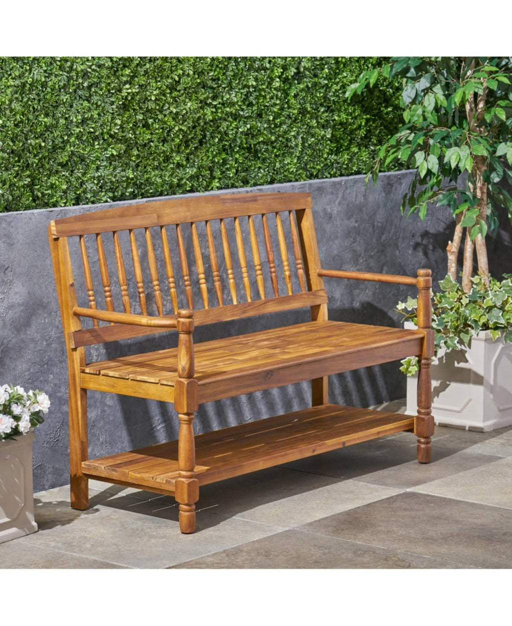 Gray Acacia Wood Bench with Shelf T897