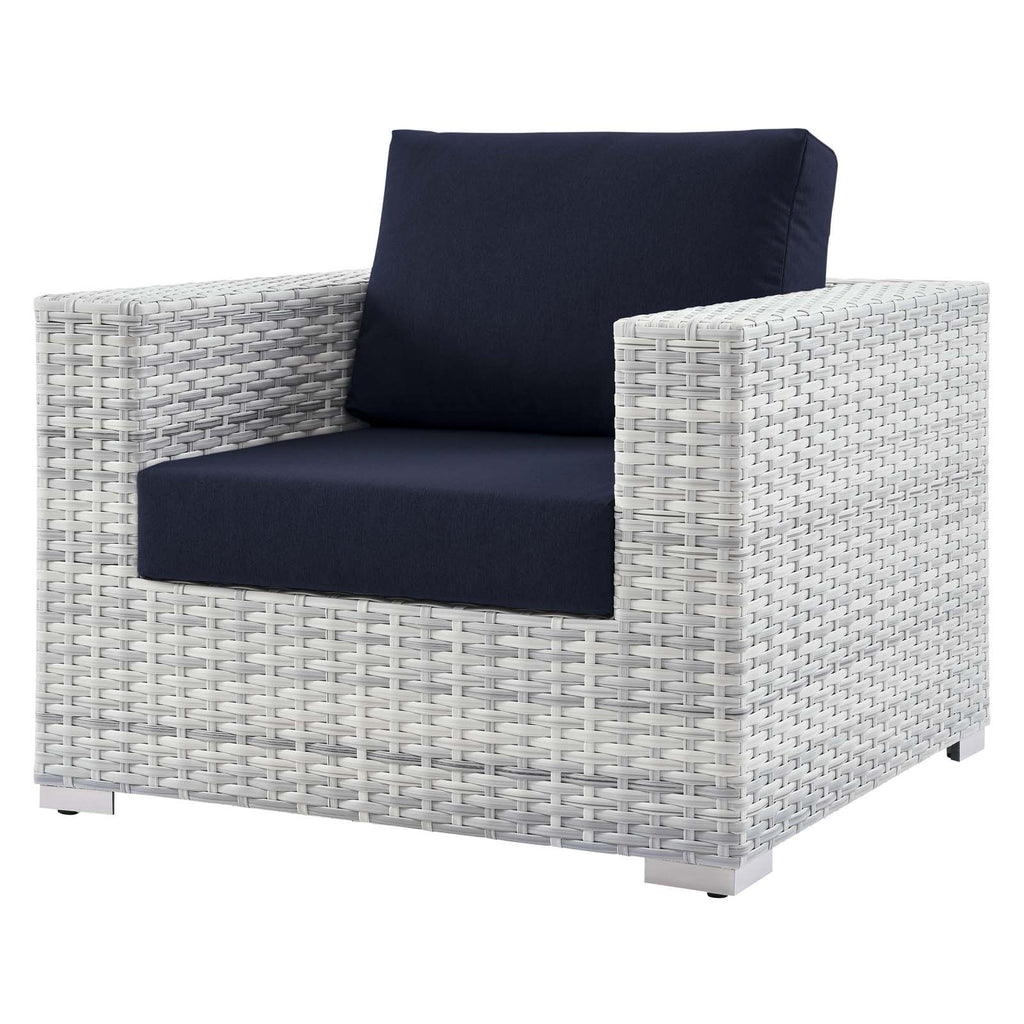 Lounge Sectional Sofa Chair Set, Rattan, Wicker, Light Grey Gray Blue Navy, Outdoor Patio Balcony Cafe Bistro Garden Furniture Hotel Hospitality C350