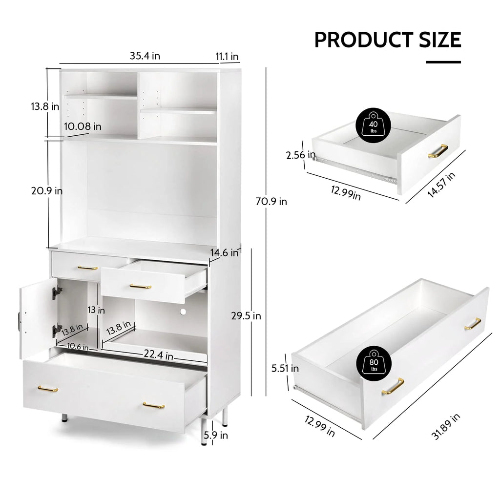White 71'' Kitchen Pantry Storage Cabinet with 3 Drawers M4740