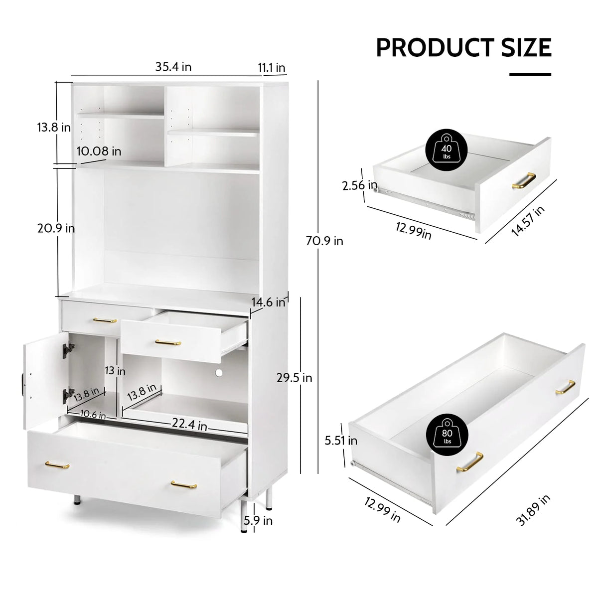White 71'' Kitchen Pantry Storage Cabinet with 3 Drawers M4740