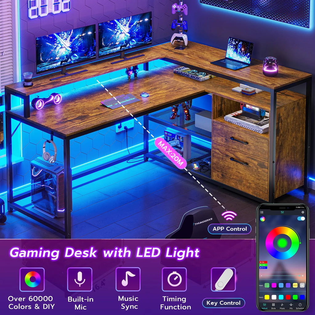 Brown L Shaped Computer Desk with LED Lights and 2 Drawers Z7368