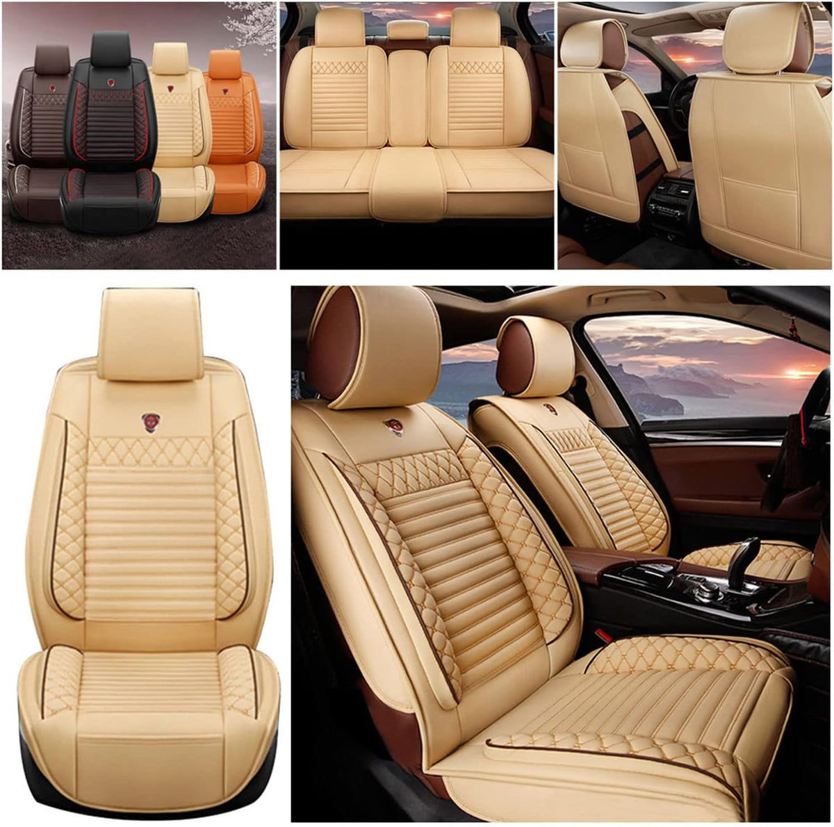 Beige PU Leather Waterproof Car Seat Cover Protectors J205