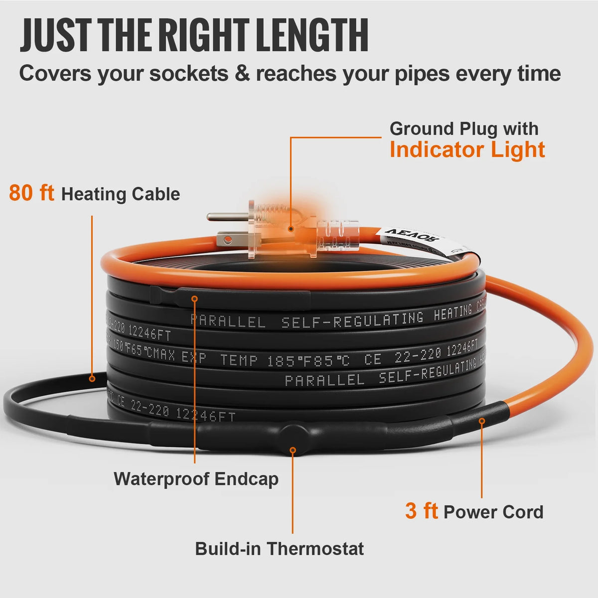 Self-Regulating Pipe Heating Cable, 80-feet 5W/ft, 120V T364969