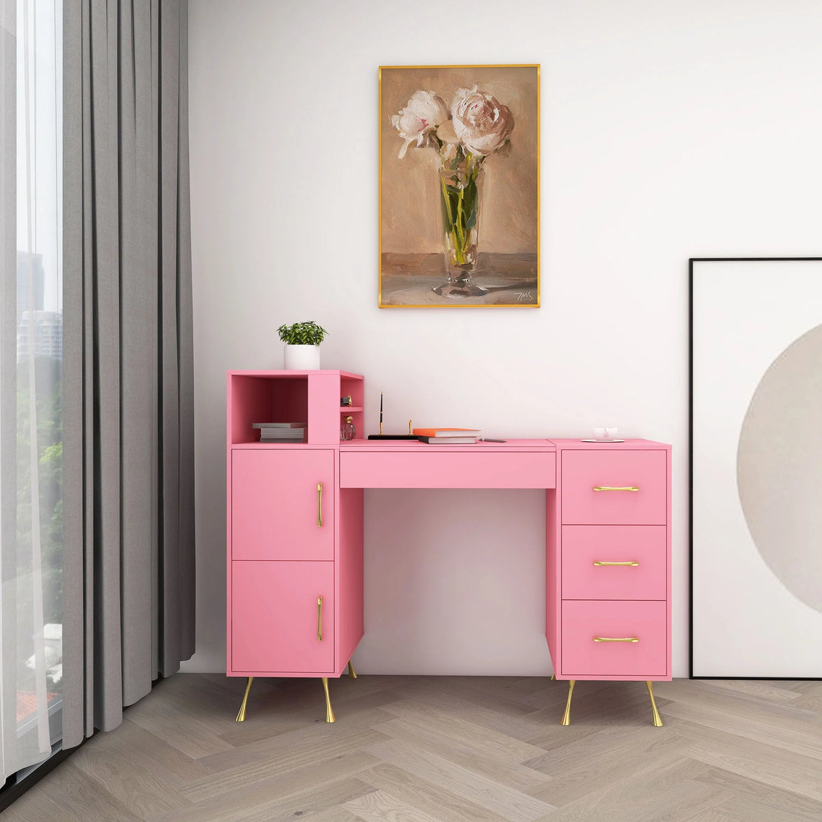 Pink 55inches Vanity Desk with 4 Drawers U598