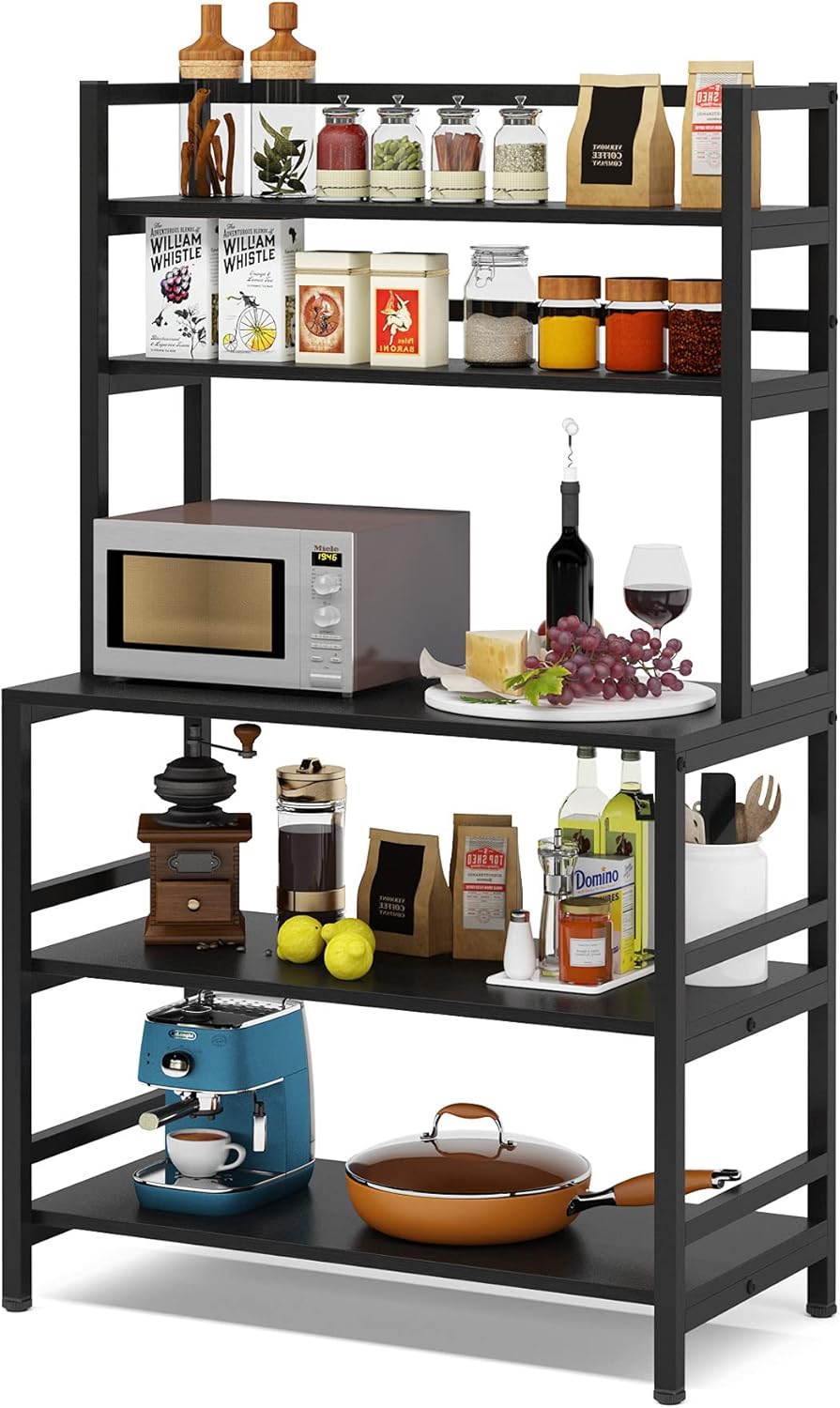 5-Tier Kitchen Bakers Rack with Hutch, Industrial Microwave Oven Stand, Free Standing Kitchen Utility Cart Storage Shelf Organizer (Rustic Brown) Q902