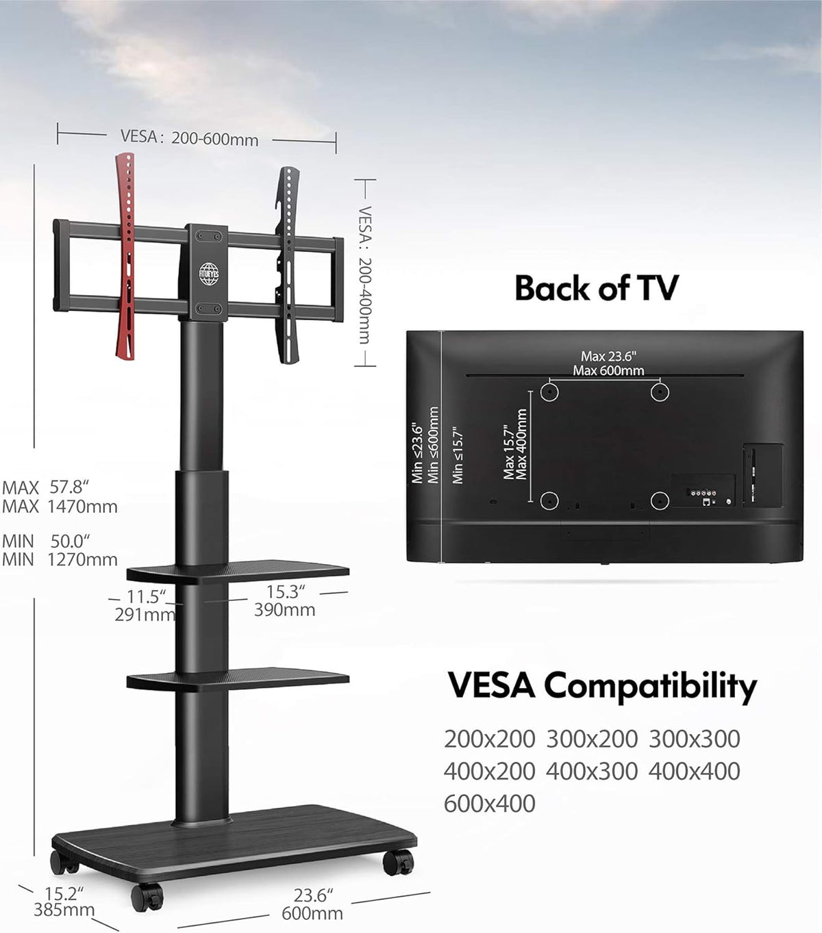 Black Rolling TV Stand for 32-65 Inch TVs C6133