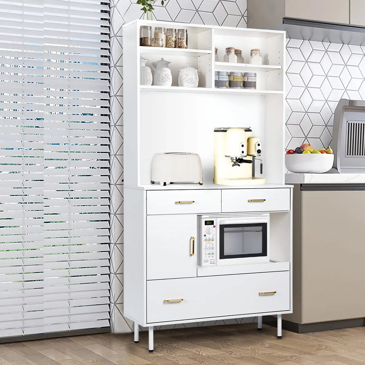 White 71'' Kitchen Pantry Storage Cabinet with 3 Drawers M4740