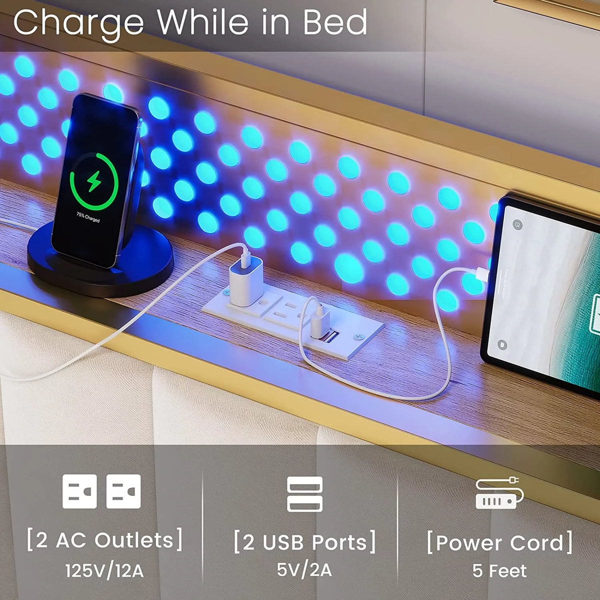 LED Queen Bed Frame with Storage Headboard and Drawers Q12358