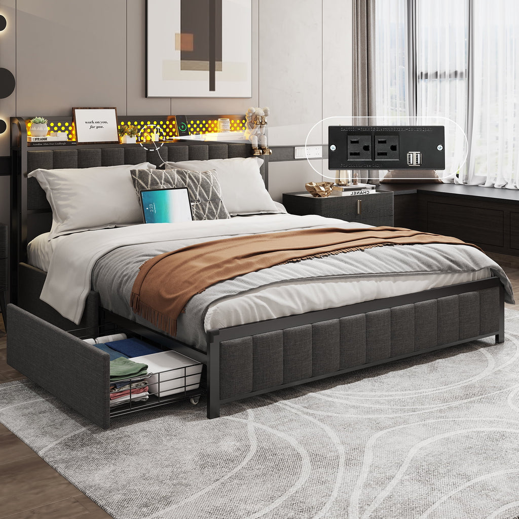 LED Queen Bed Frame with Storage Headboard and Drawers Q12358