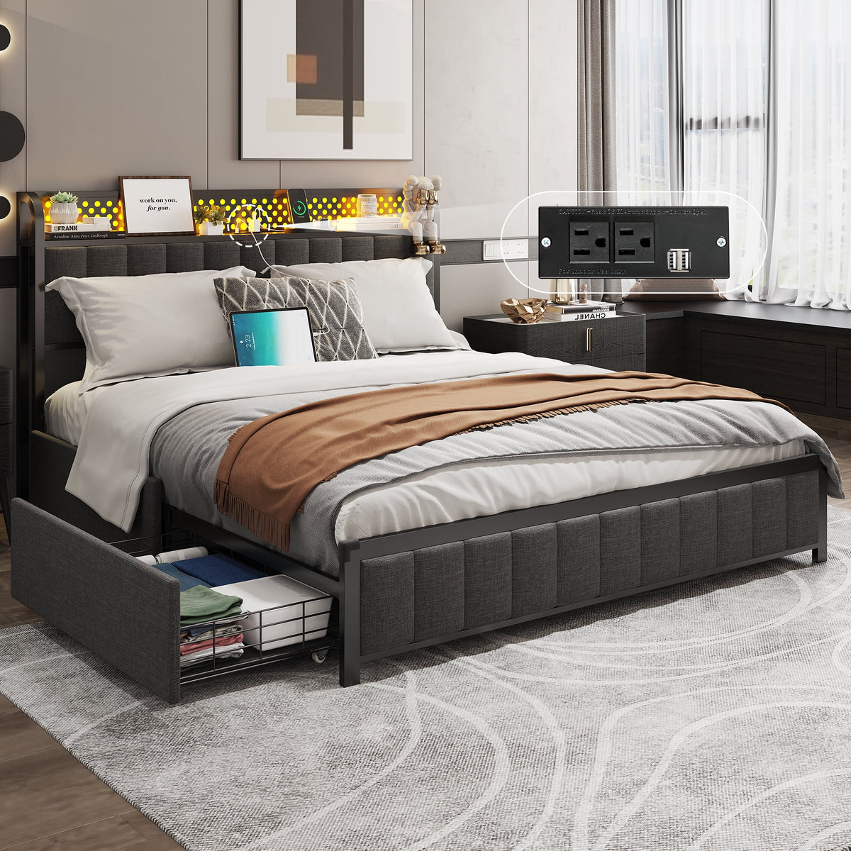 LED Queen Bed Frame with Storage Headboard and Drawers Q12358