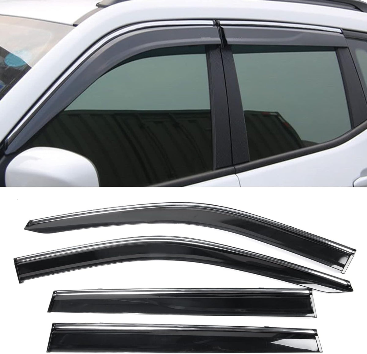 Window Visor Rain Guard Shade 4PC Injection Polycarbonate with Chrome Trim P1479