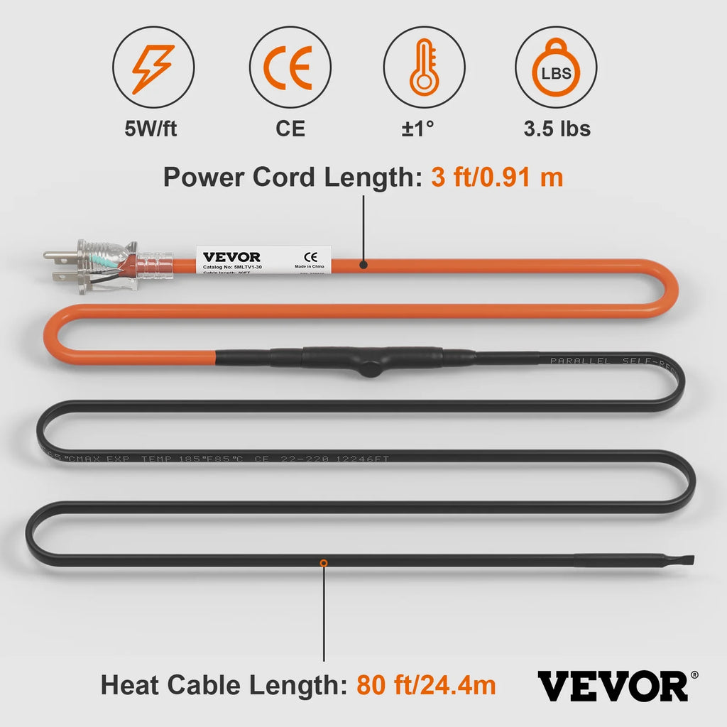 Self-Regulating Pipe Heating Cable, 80-feet 5W/ft, 120V T364969
