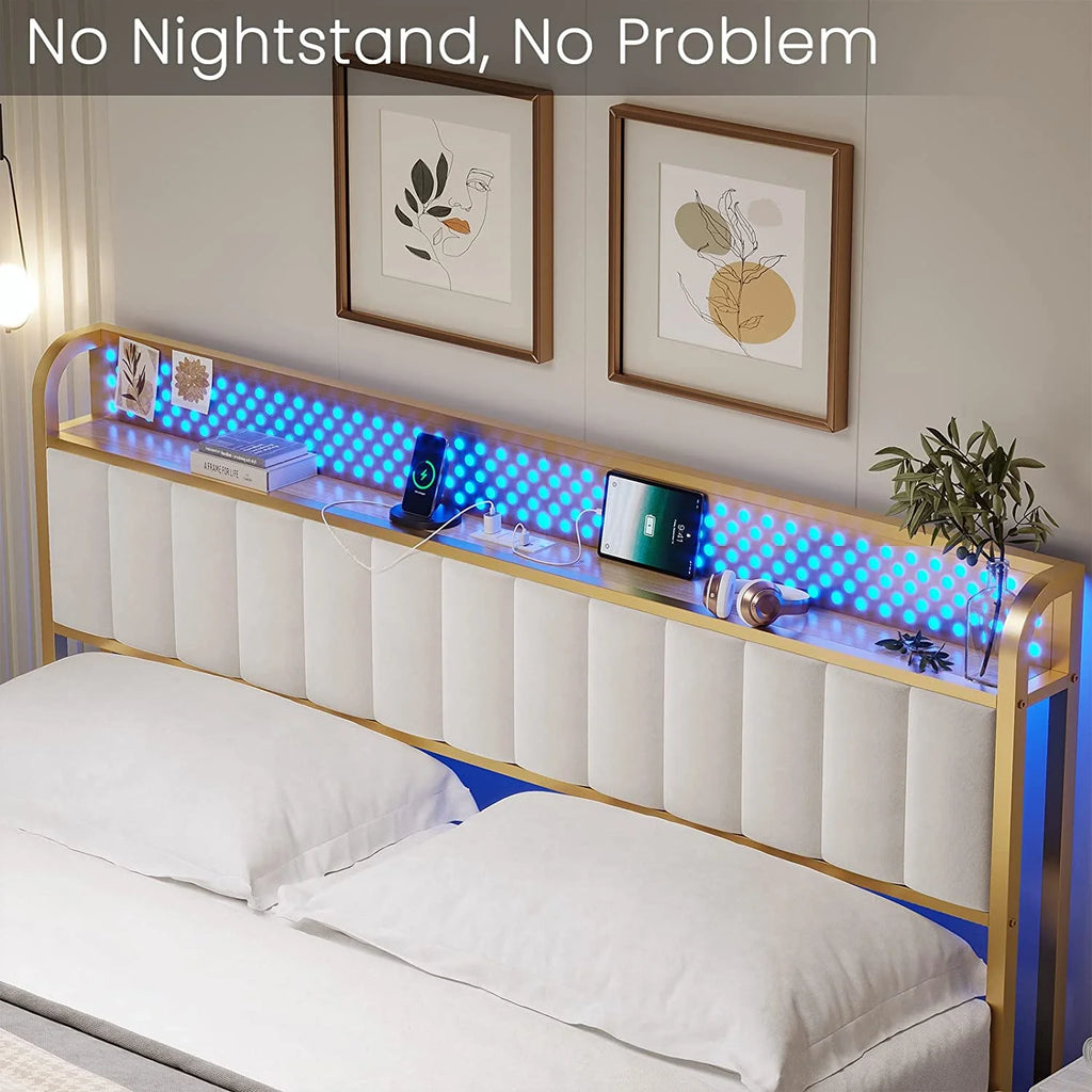 LED Queen Bed Frame with Storage Headboard and Drawers Q12358