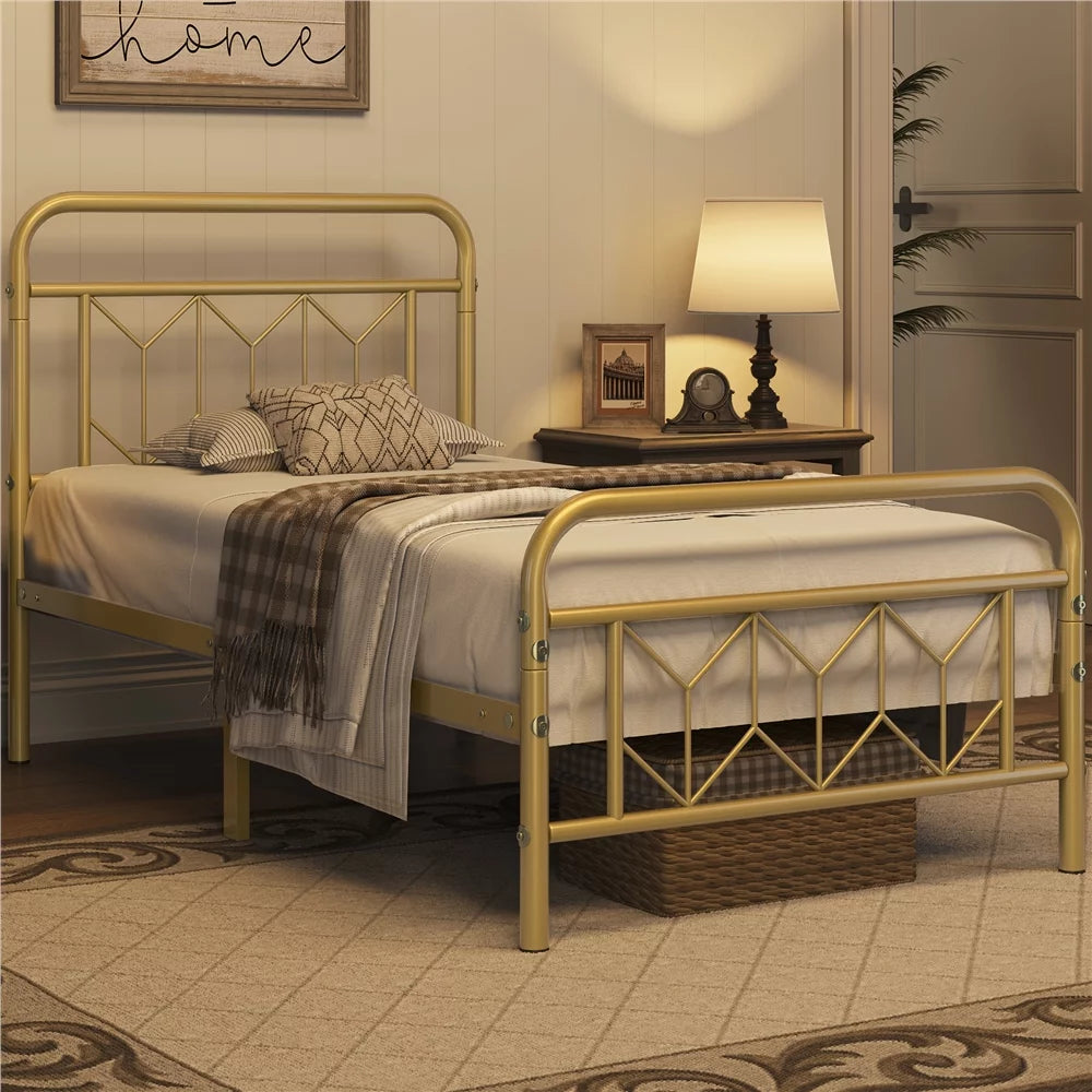 Twin XL Antique Gold Metal Platform Bed X710