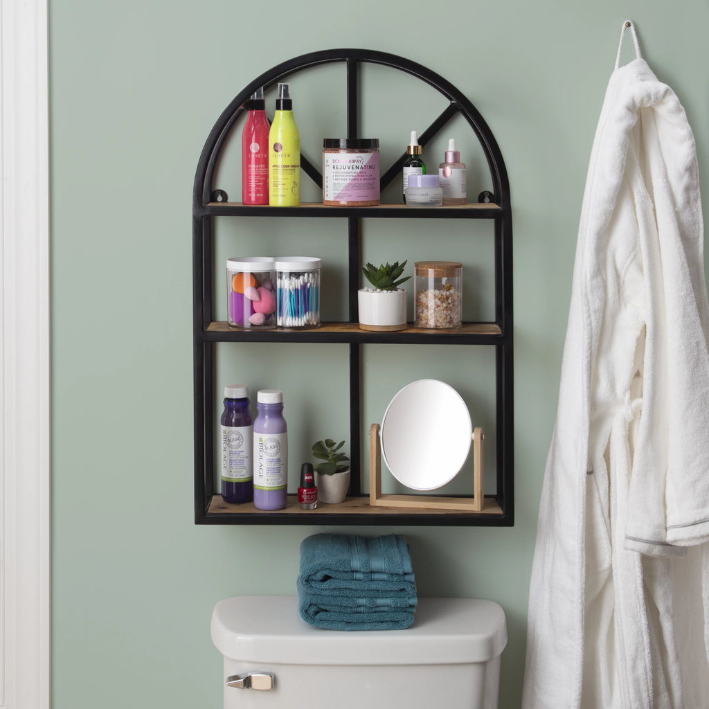 Black Metal Natural Mango Wood 3-Tier Wall Shelves X26771
