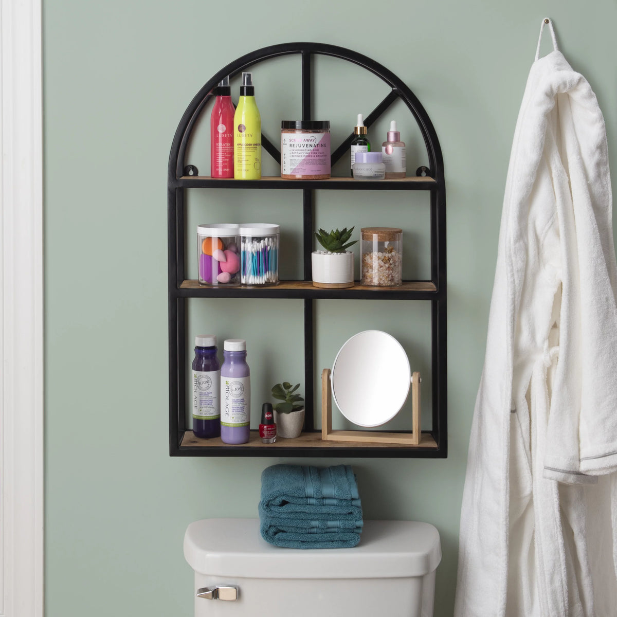 Black Metal Natural Mango Wood 3-Tier Wall Shelves X26771