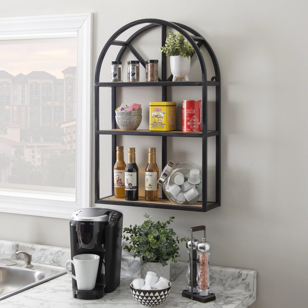 Black Metal Natural Mango Wood 3-Tier Wall Shelves X26771