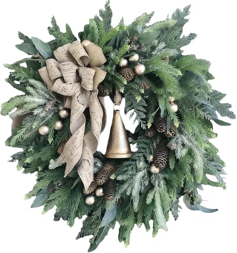Green Artificial Christmas Wreath with Bell Bow and Pine Cones D195549