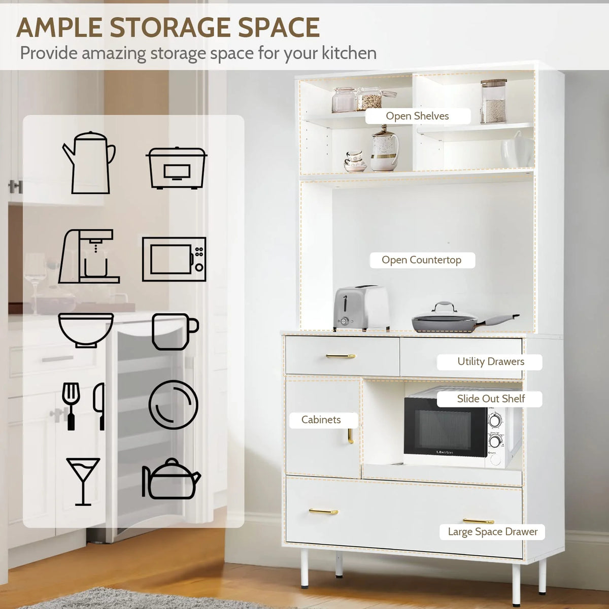 White 71'' Kitchen Pantry Storage Cabinet with 3 Drawers M4740