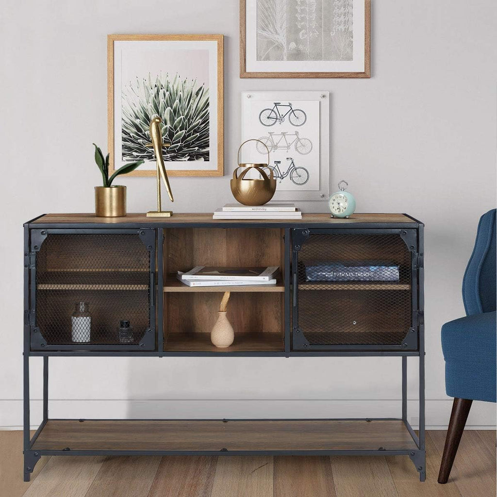 Rustic Brown Kitchen Storage Cabinet with Metal Mesh Doors and Adjustable Shelves M676698