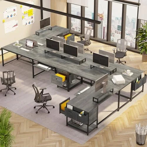 Rustic Brown L Shaped Desk with LED Lights and File Drawers P54747