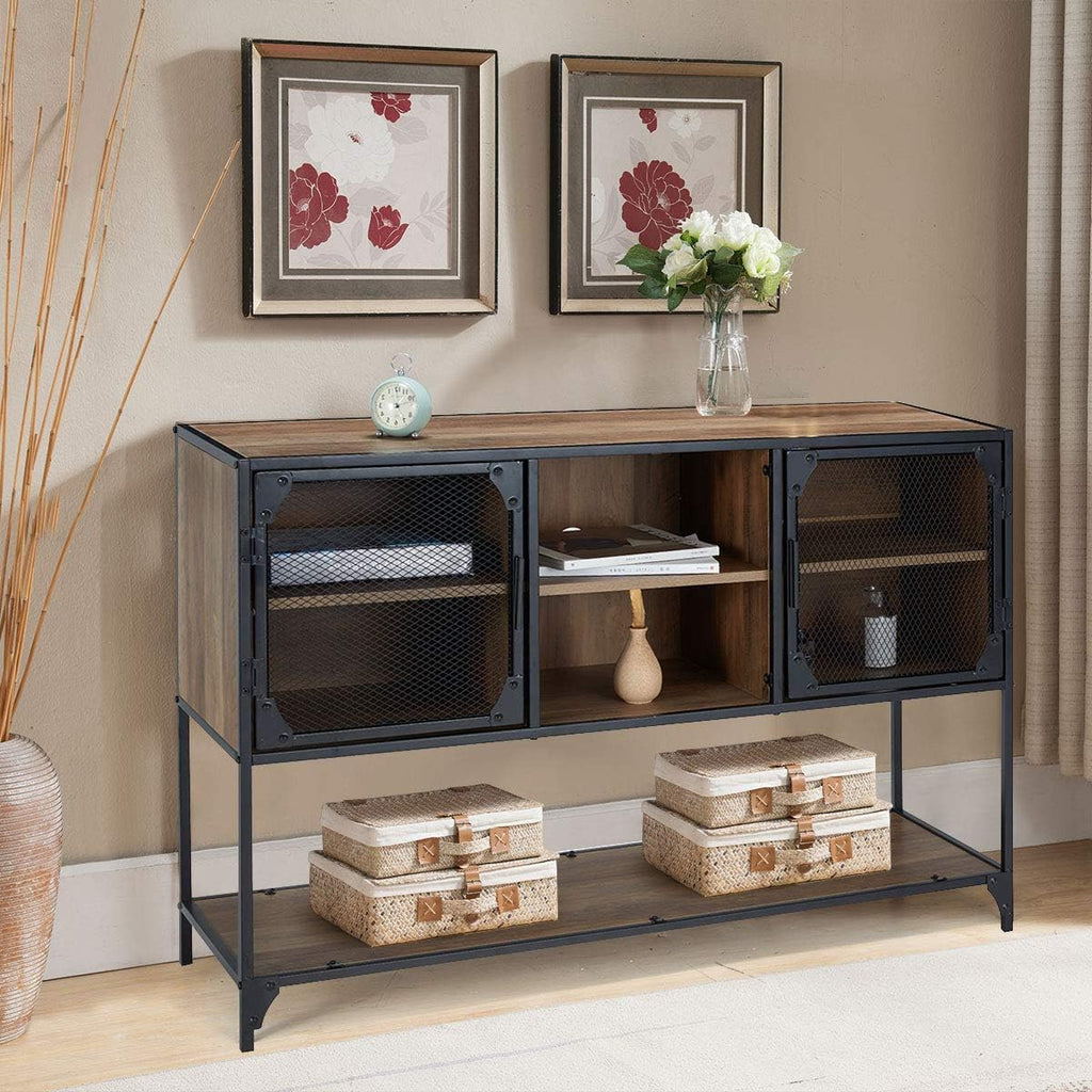 Rustic Brown Kitchen Storage Cabinet with Metal Mesh Doors and Adjustable Shelves M676698
