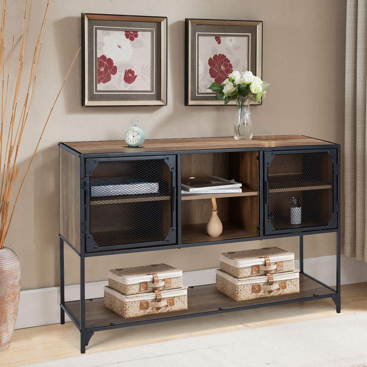 Rustic Brown Kitchen Storage Cabinet with Metal Mesh Doors and Adjustable Shelves M676698