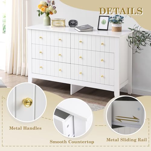 White 6 Drawer Wood Dresser with Metal Handle Q3865