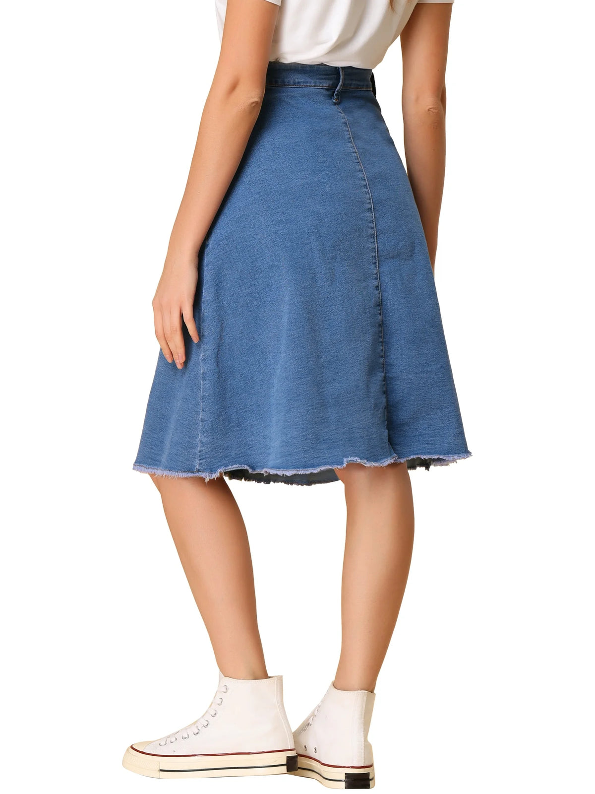 Denim Raw Hem Button Down A-Line Midi Skirt V353513