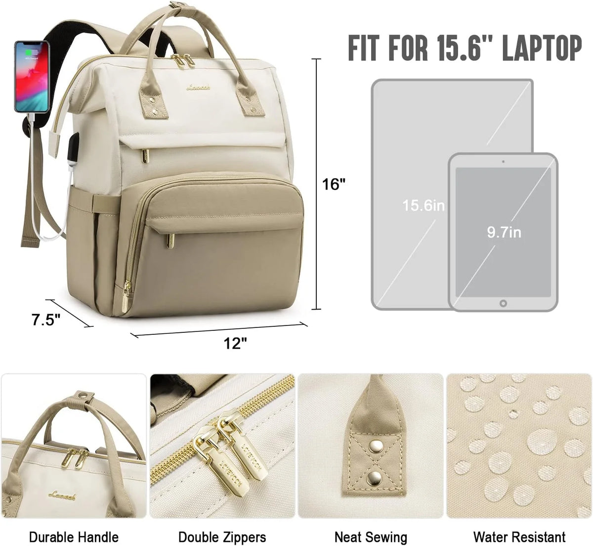 Beige-Khaki Waterproof Laptop Backpack C500