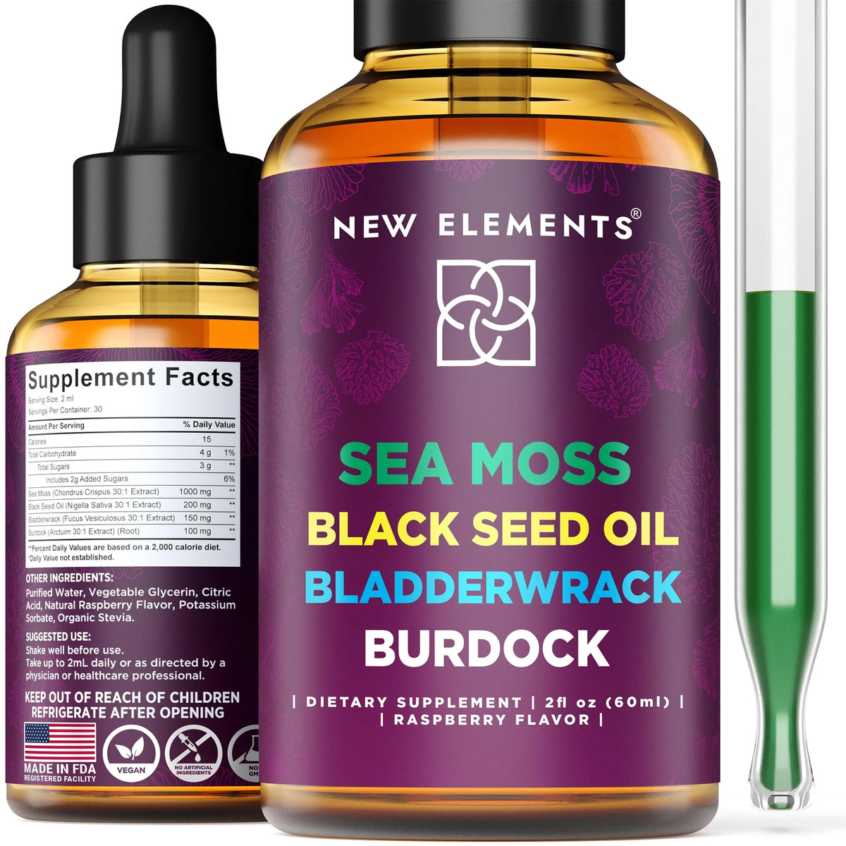 Organic Sea Moss Liquid Extract with Black Seed Oil, Bladderwrack & Burdock Root, 1000mg, 4 in 1, Raspberry Flavor, Vegan K3771