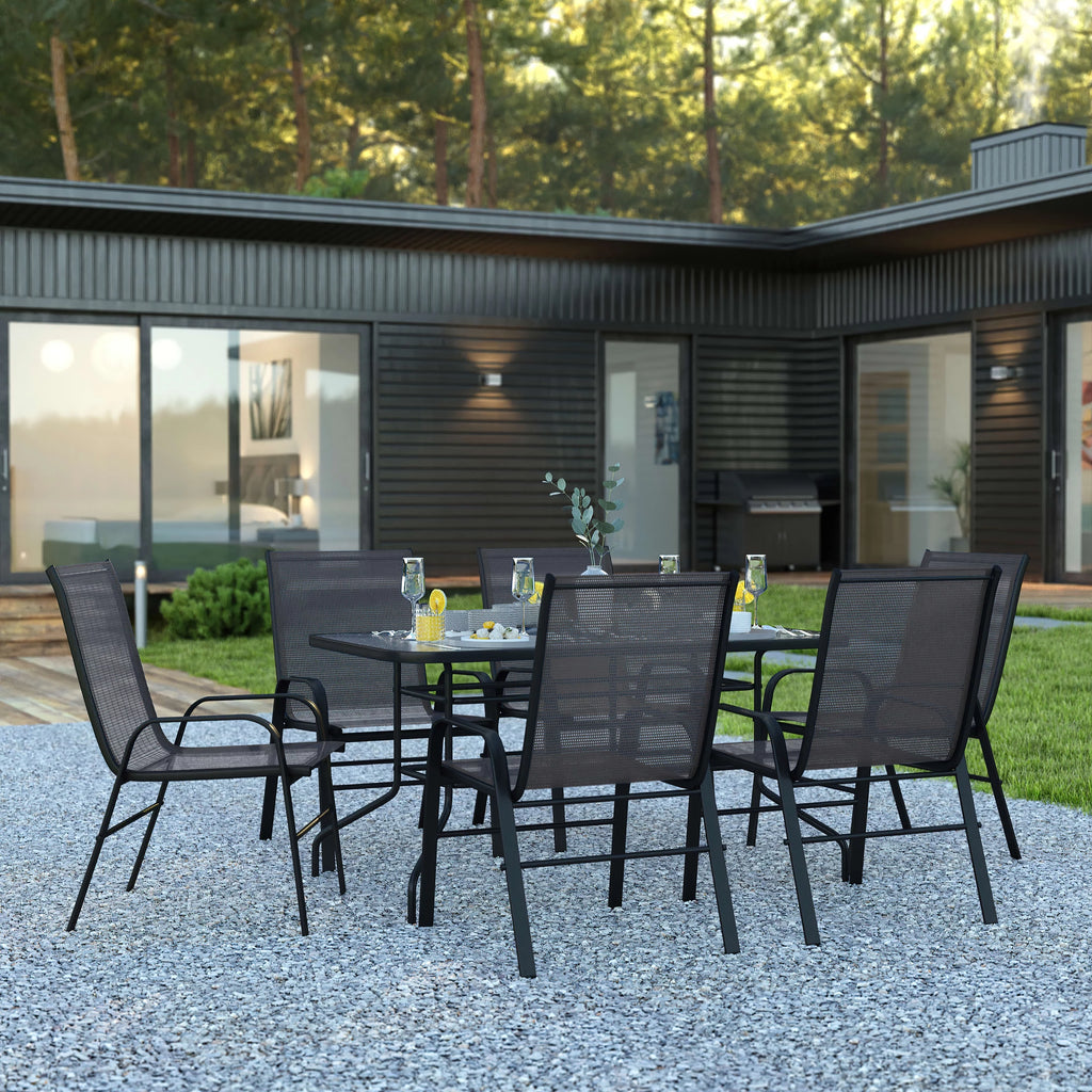 7-Piece Black Rippled Glass Patio Table Set with 6 Chairs M3924