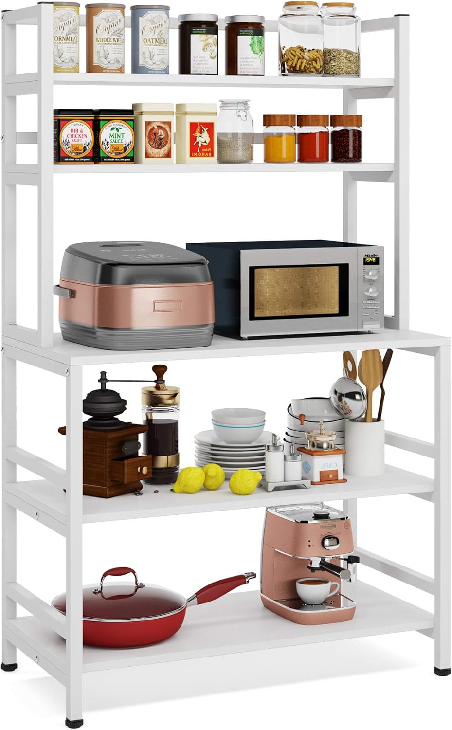 5-Tier Kitchen Bakers Rack with Hutch, Industrial Microwave Oven Stand, Free Standing Kitchen Utility Cart Storage Shelf Organizer (Rustic Brown) Q902