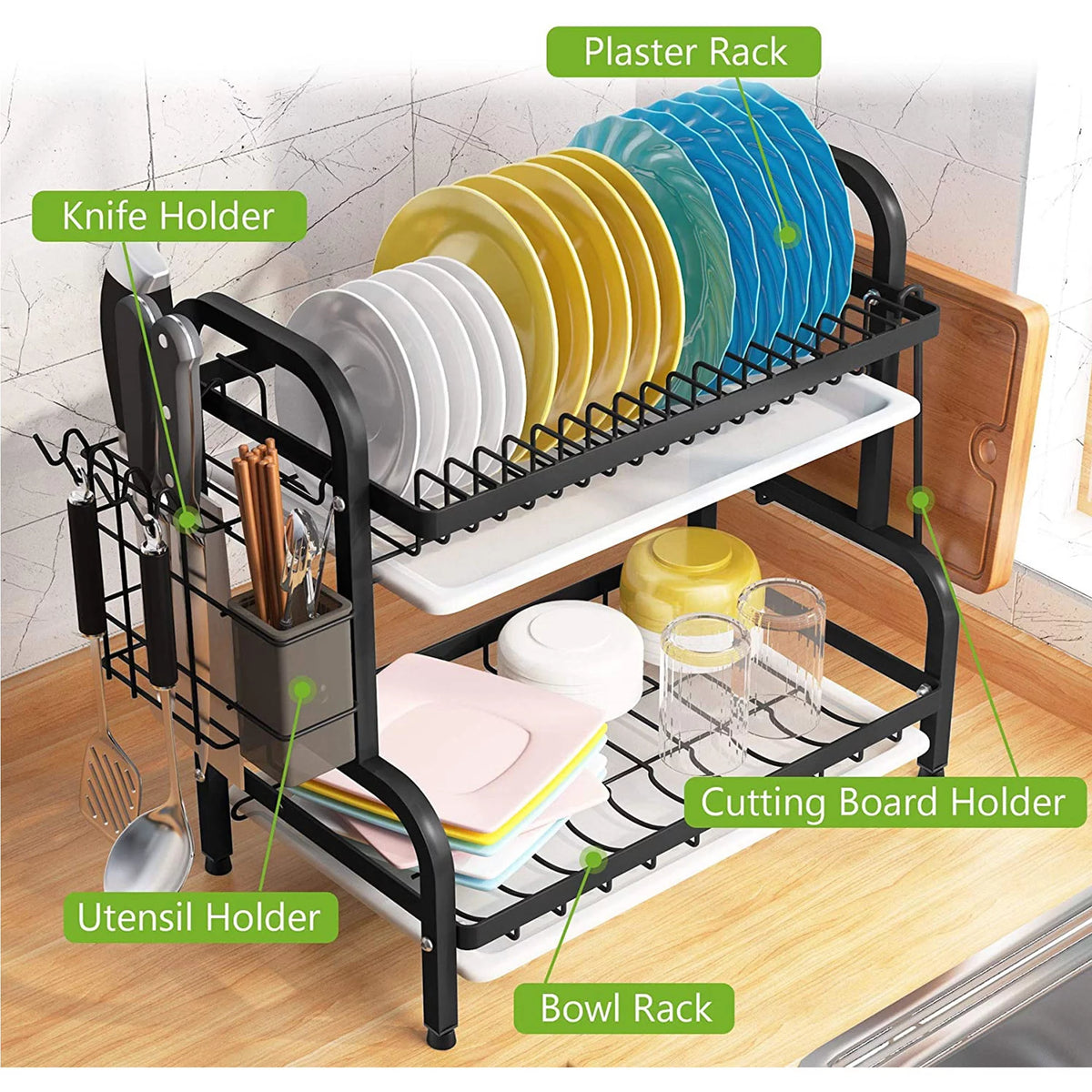 Adjustable 2-Tier Dish Drying Rack with Cutting Board Holder Z886698
