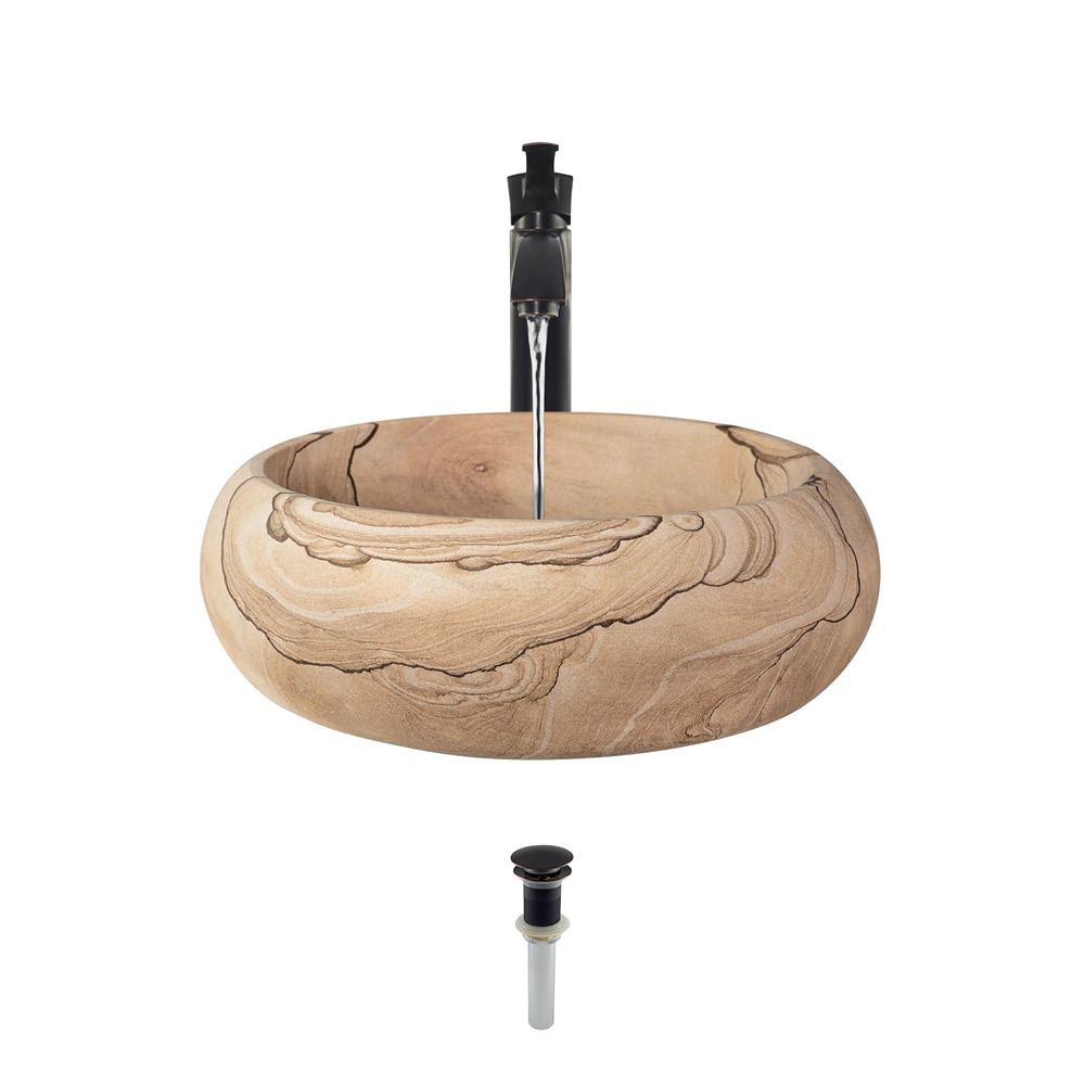 Sandstone Vessel Sink Ensemble with Antique Bronze Finish Faucet, Pop-Up Drain, and Sink Ring C40765