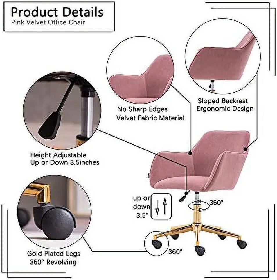 Pink Velvet Fabric Office Chair with Gold Metal Legs U3938