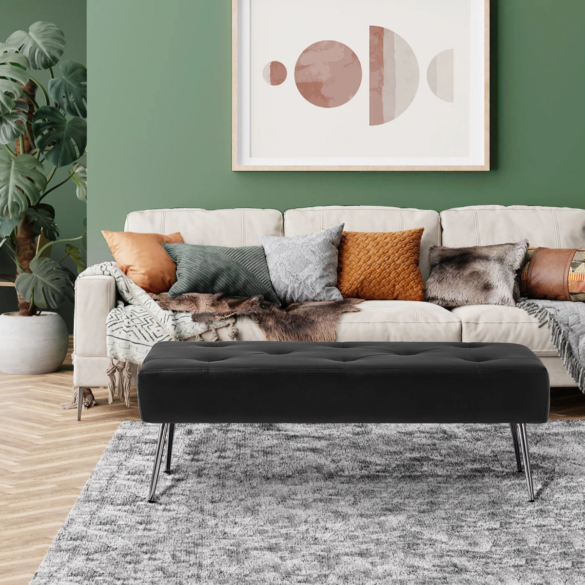 Black Faux PU Leather Tufted Ottoman Bench M17589