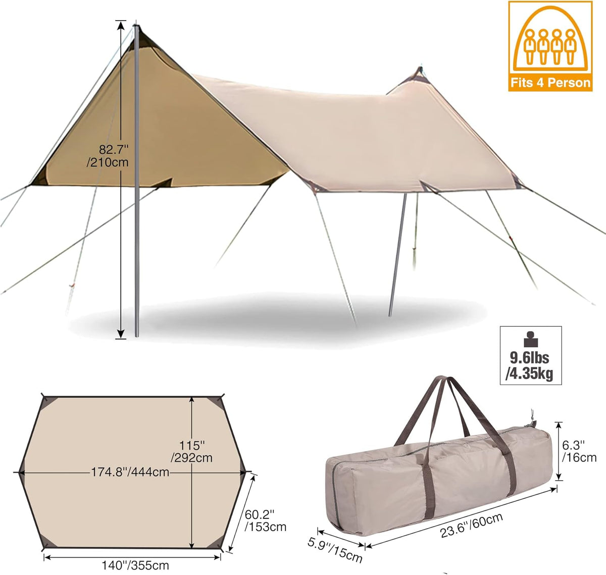 Camping Tent Tarp with Poles, 4-6 Person PU 3000mm Lightweight Awning Canopy Sun Shelter O829228