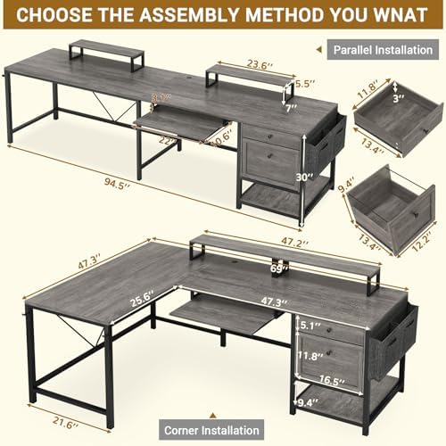 Rustic Brown L Shaped Desk with LED Lights and File Drawers P54747