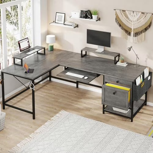 Rustic Brown L Shaped Desk with LED Lights and File Drawers P54747
