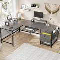 Rustic Brown L Shaped Desk with LED Lights and File Drawers P54747